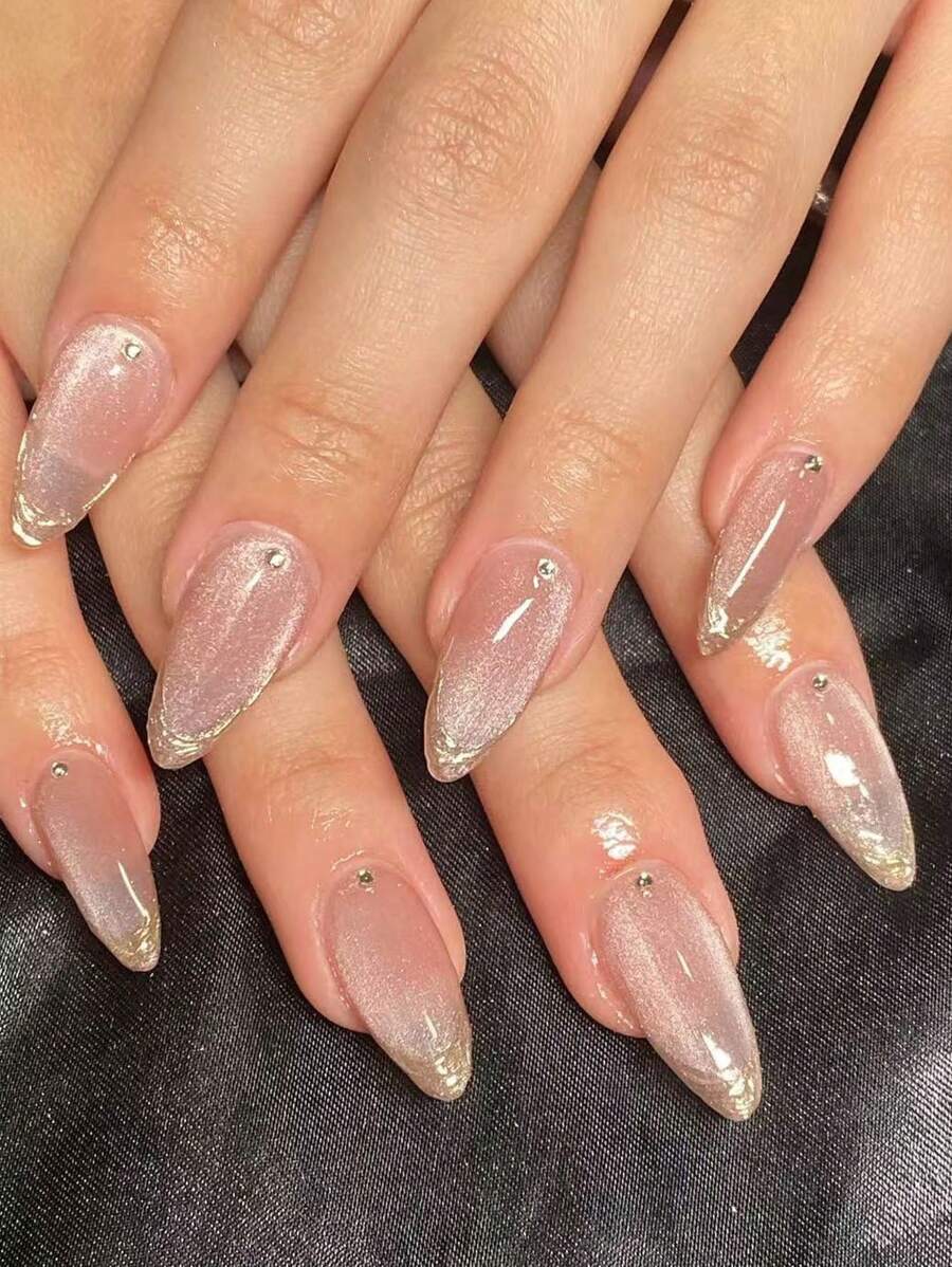10pcs/Set Handmade Almond-Shaped Natural Amethyst Cat Eye Nail Stickers With White Rhinestones & Gold Tip Design, Elegant & Stylish Press-On Nails