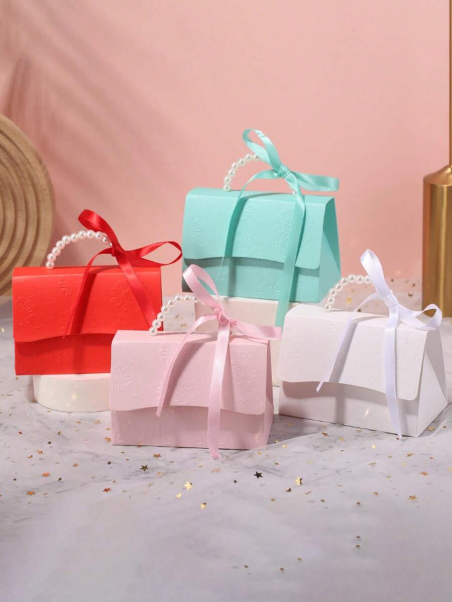 10pcs/2pcs-Faux Pearl Decorated Gift Bag, Simple Packaging Bag For Party, Pearl Handle Decorative Paper Gift Box, Exquisite Pure White Gift Packaging Box For Valentine's Day Wedding Gift, Letterpress Printing Flower Candy Box Mini Packaging Bag Paper Box Gift Set Box Small Gift Bags Wedding Favors Party Decoration