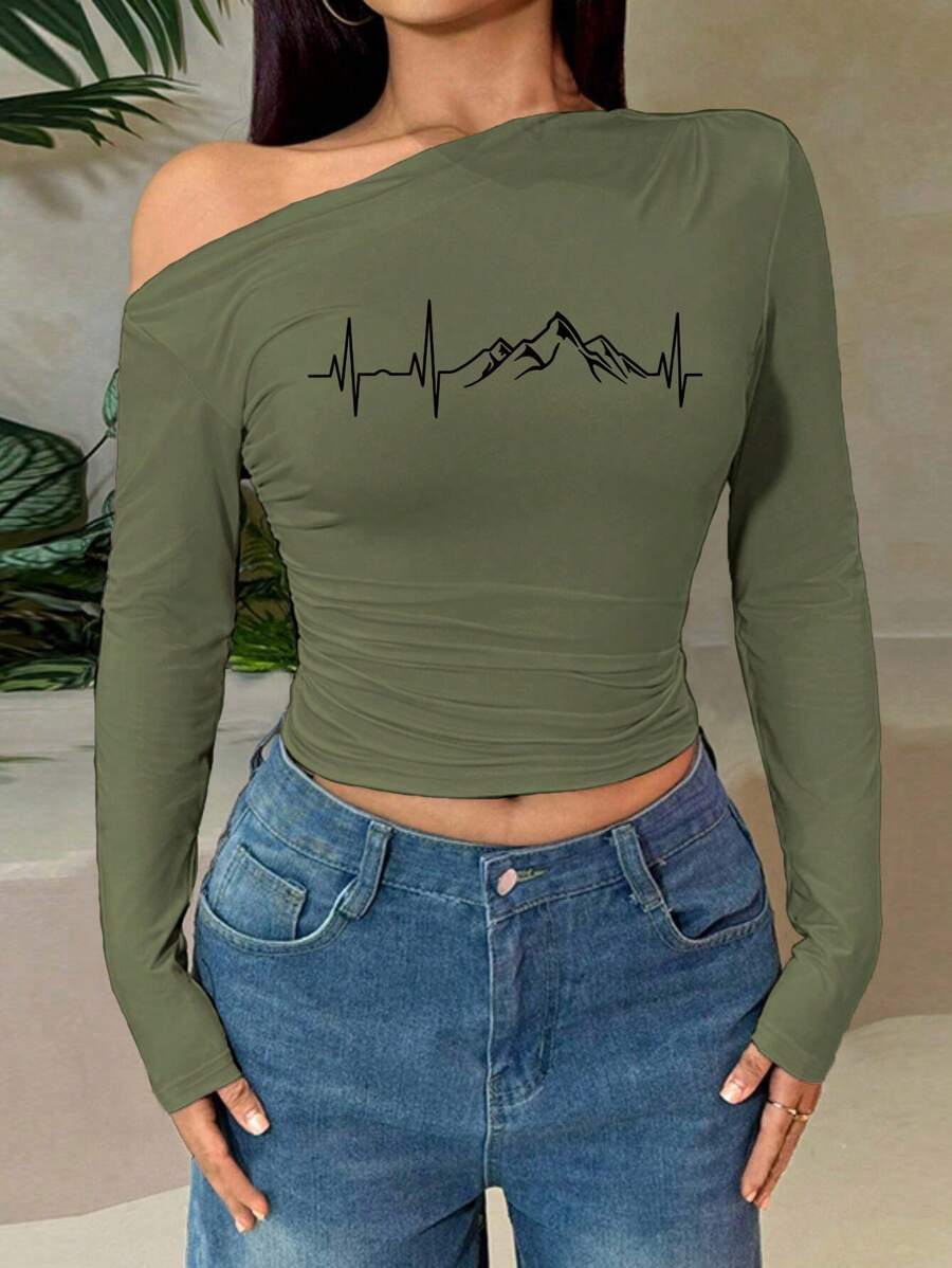 Mountain Peak Print Women's Off Shoulder Long Sleeve Top Sexy T-Shirt Spring Summer Ruched Y2K Clothing