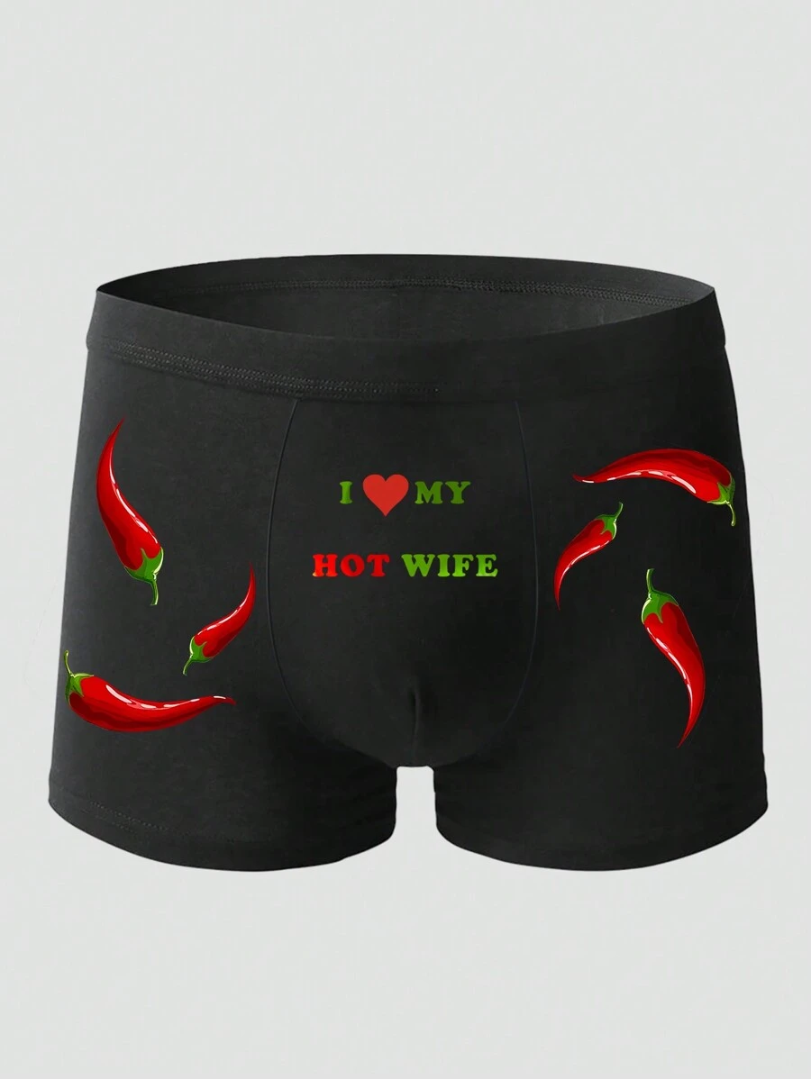 Bóxers tipo calzoncillo con estampado de chiles negros para hombres con el eslogan "Mi esposa picante", ropa interior elástica y cómoda de última