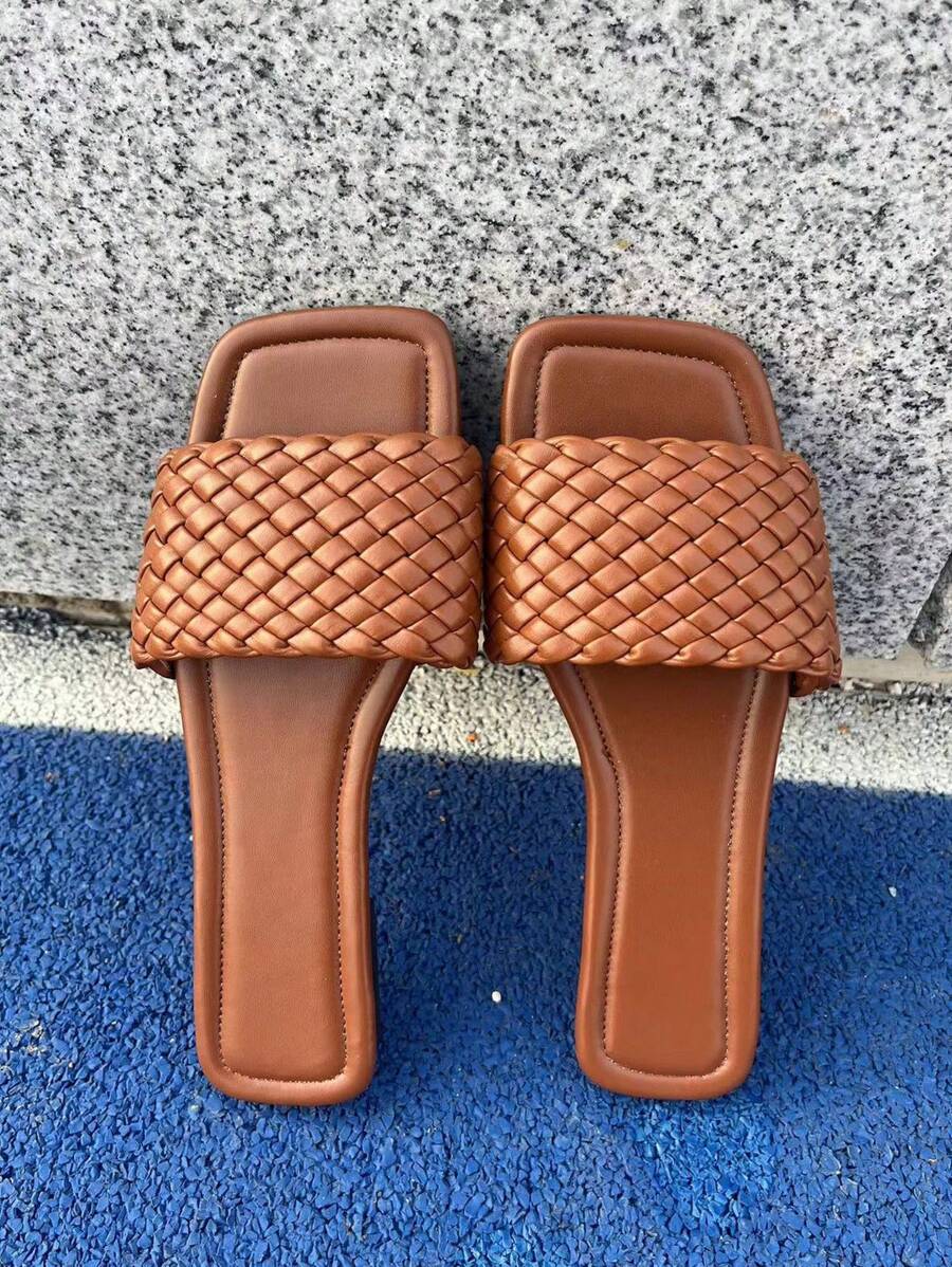 Mules et sandales femme de couleur unie, plates-formes décontractées à bout carré tressées pour le port en extérieur et intérieur pendant l'été