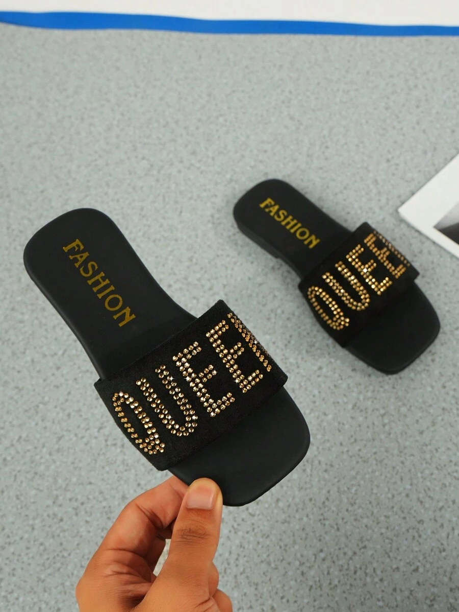 Children's Shoes Girl 2025 Summer New Fashion All Square ToeBright Rhinestone Line With Flat Non-Slip Beach Wear Children's Shoes