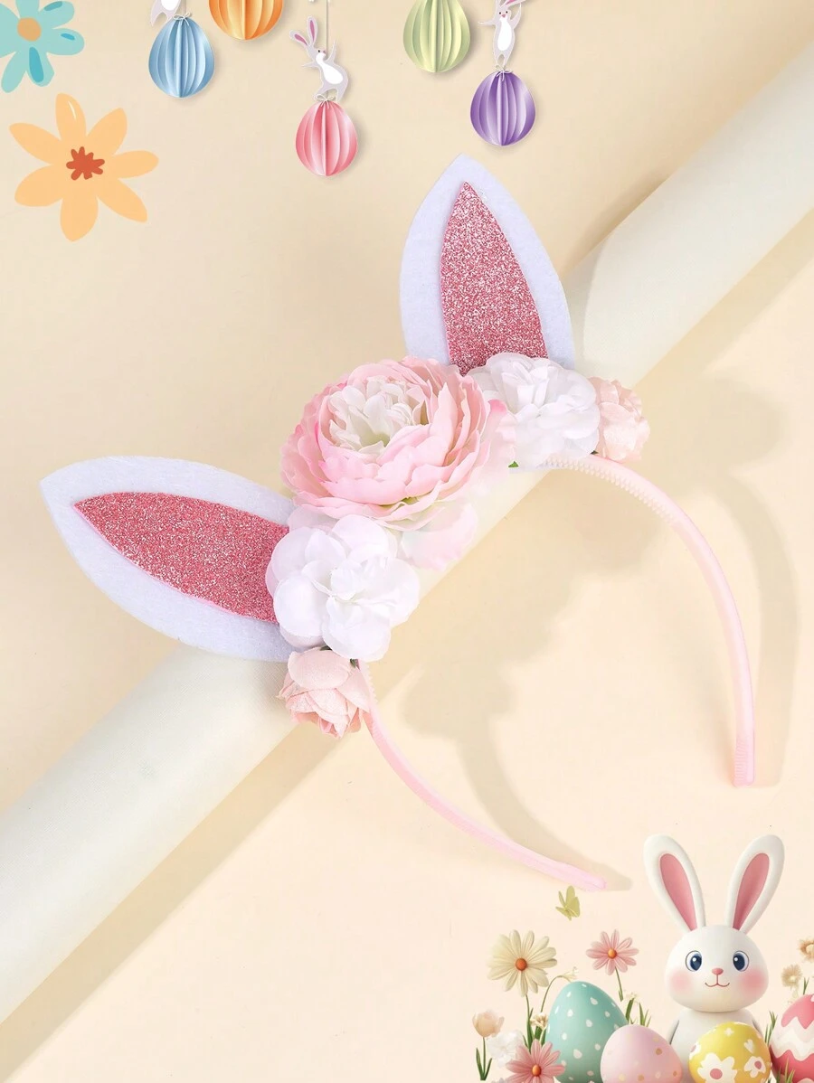 1pc Happy Easter Headband With Flower Decor,Cute Pink And White Rabbit Ears Party Costume Headdress For Party Supplies,Photo Props Hairband.