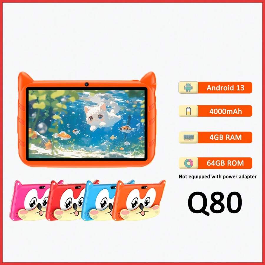 Tablet de aprendizagem infantil Q-Version Fox Back Shell Q80 rosa de 7 polegadas, resolução de 1280 * 800, 4 GB de RAM, 64 GB de ROM, Android 13, bateria de 4000 mAh, software de aprendizagem infantil integrado, assistente de aprendizagem, entretenimento, bom parceiro, presente de aniversário preferido, não equipado com adaptador de energia