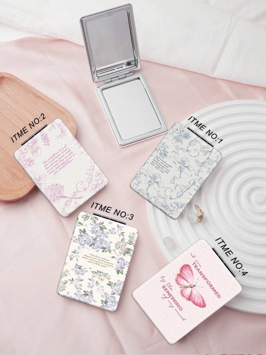 1pc Retro Floral Inspirational Quote Series Compact Folding Makeup Mirror, Ultra-Thin Portable Hand Mirror, PU Leather Case, Stainless Steel Metal, Vacuum Plating, Suitable For All Occasions And People, Foldable Square Shape For Carrying Convenience