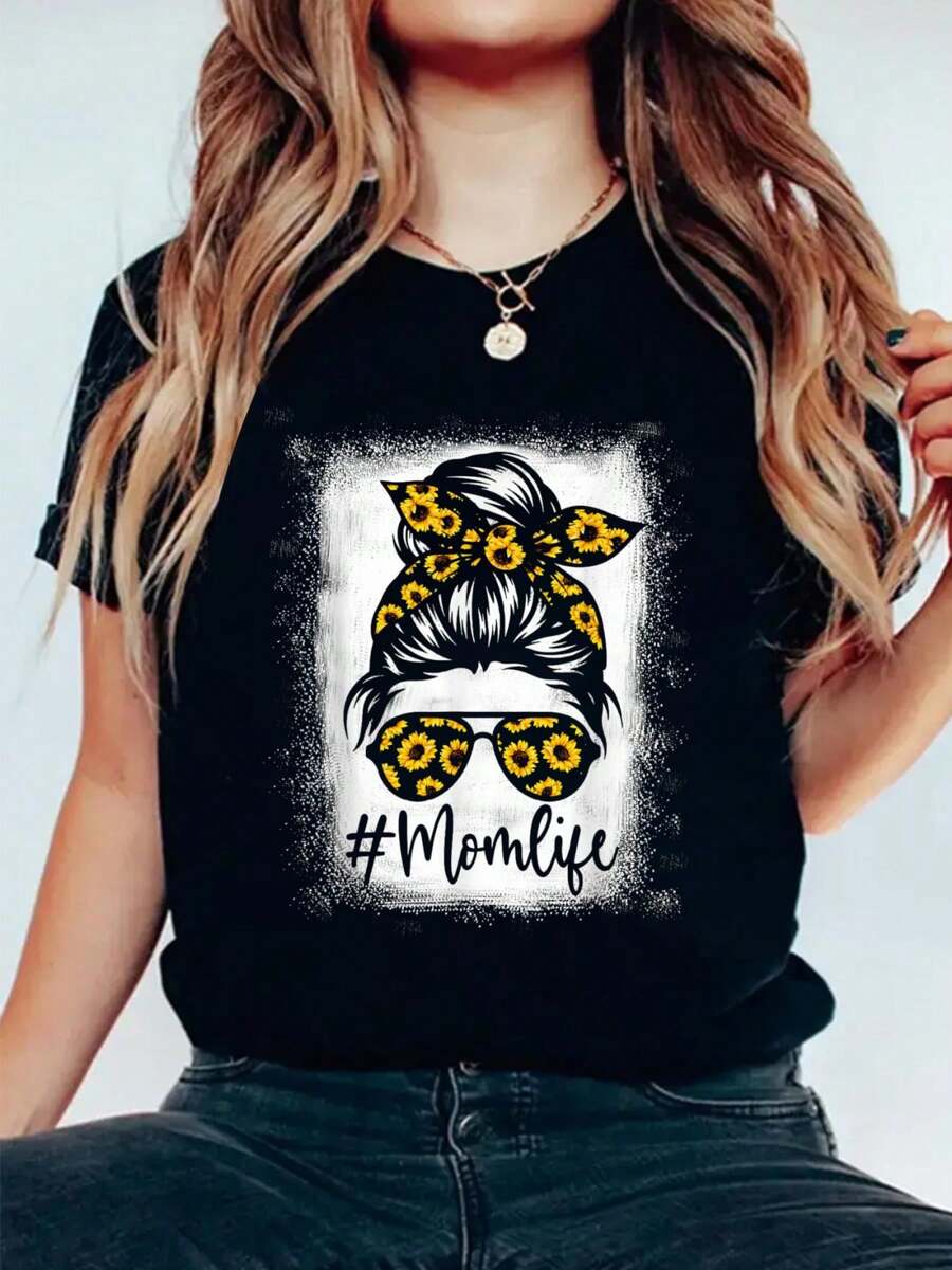 Bleached Sunflower Mom Life Tees For Mother's Day T-Shirt Print Cotton T-Shirt For Summer, Women's Soft Short Sleeve Top, Stylish Comfy Tee For Women Graphic Tees