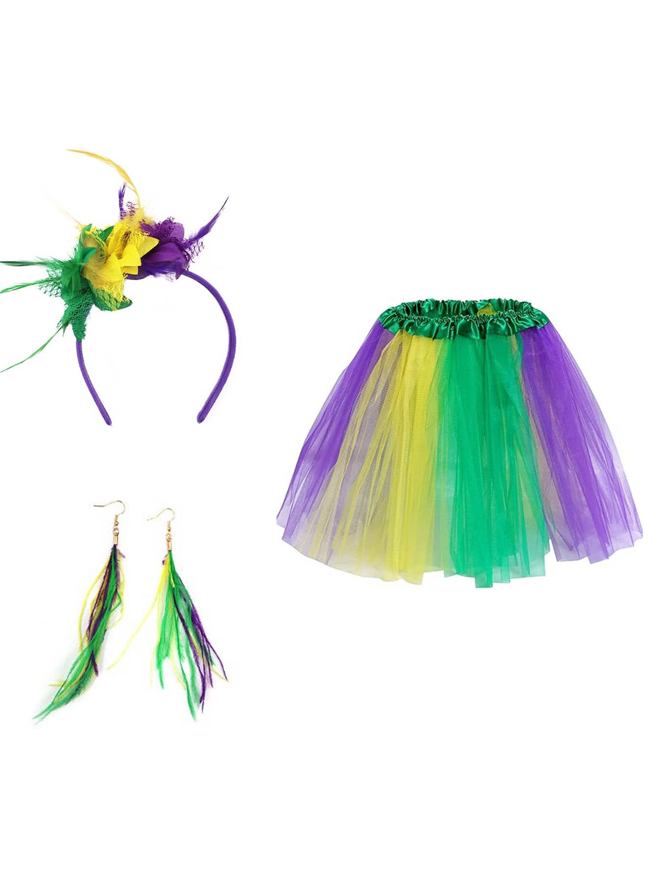 3pcs/2pcs/1pc/Set Carnival Selling Three-Color Floral Tulle Dress Sequin Skirt Earrings Feather Headband Party Set Halloween