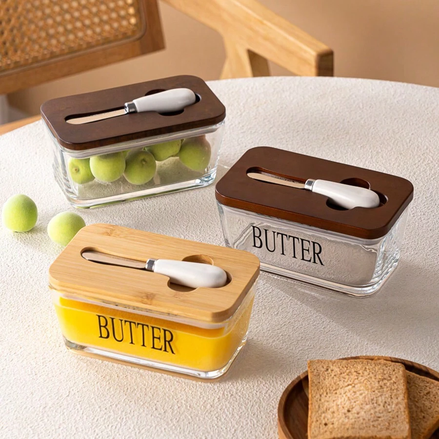 Rectangular Sealed Glass Butter Dish With Lid And Butter Knife, Middle East Hot-Selling Airtight Cheese Storage Container For Home Use