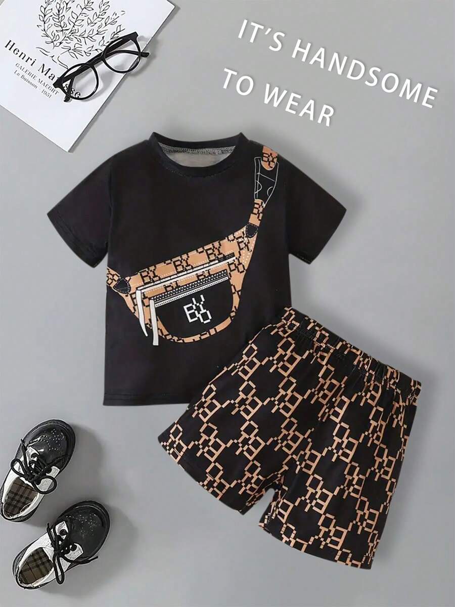2pcs/Set Young Boys Outdoor Graphic Print Casual Outfit, Round Neck T-Shirt And Shorts Set