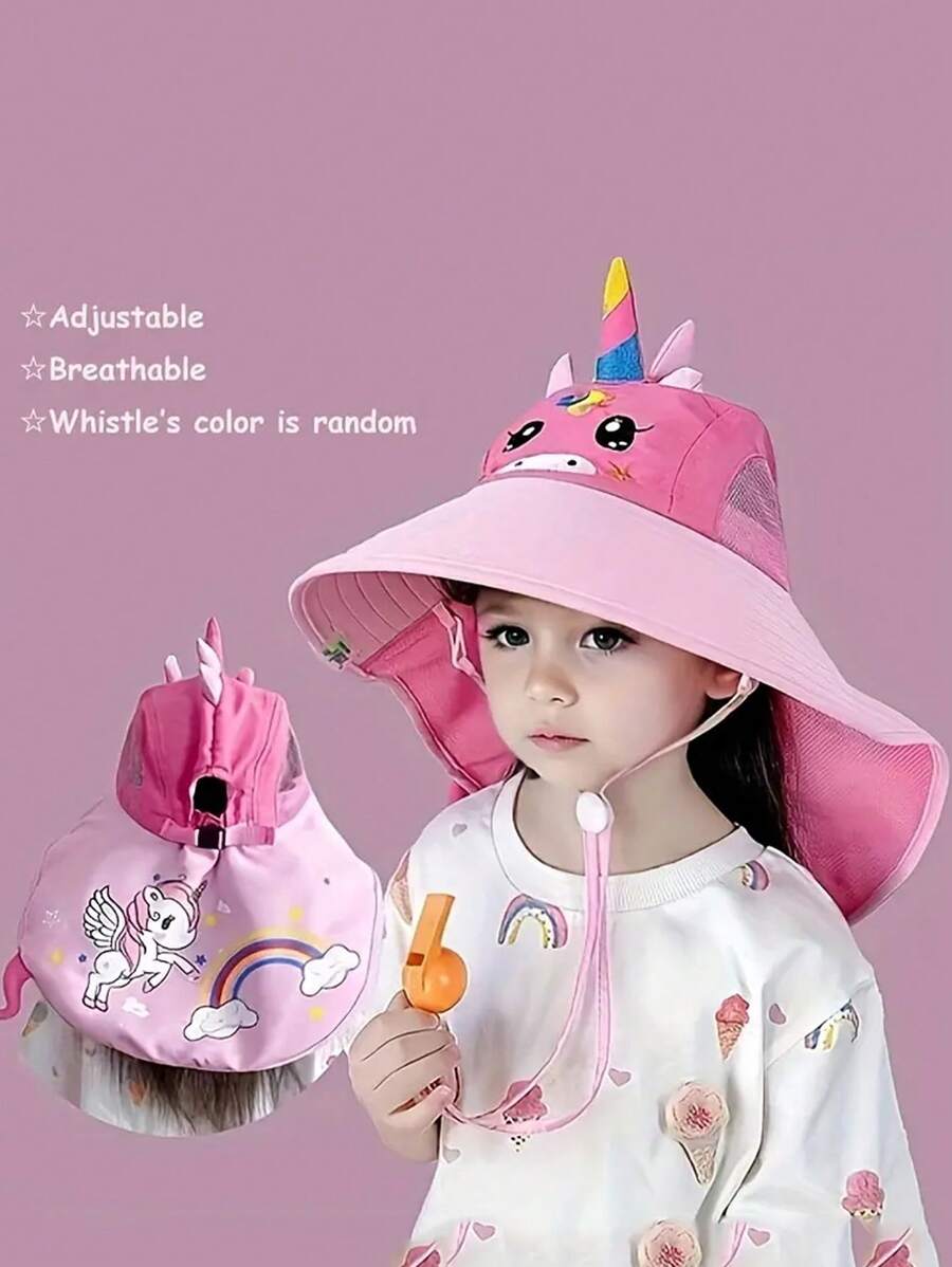 1 pieza Sombrero de sol infantil transpirable y suave con diseño de dibujos animados, gorra de playa de ala ancha ajustable para niños y niñas