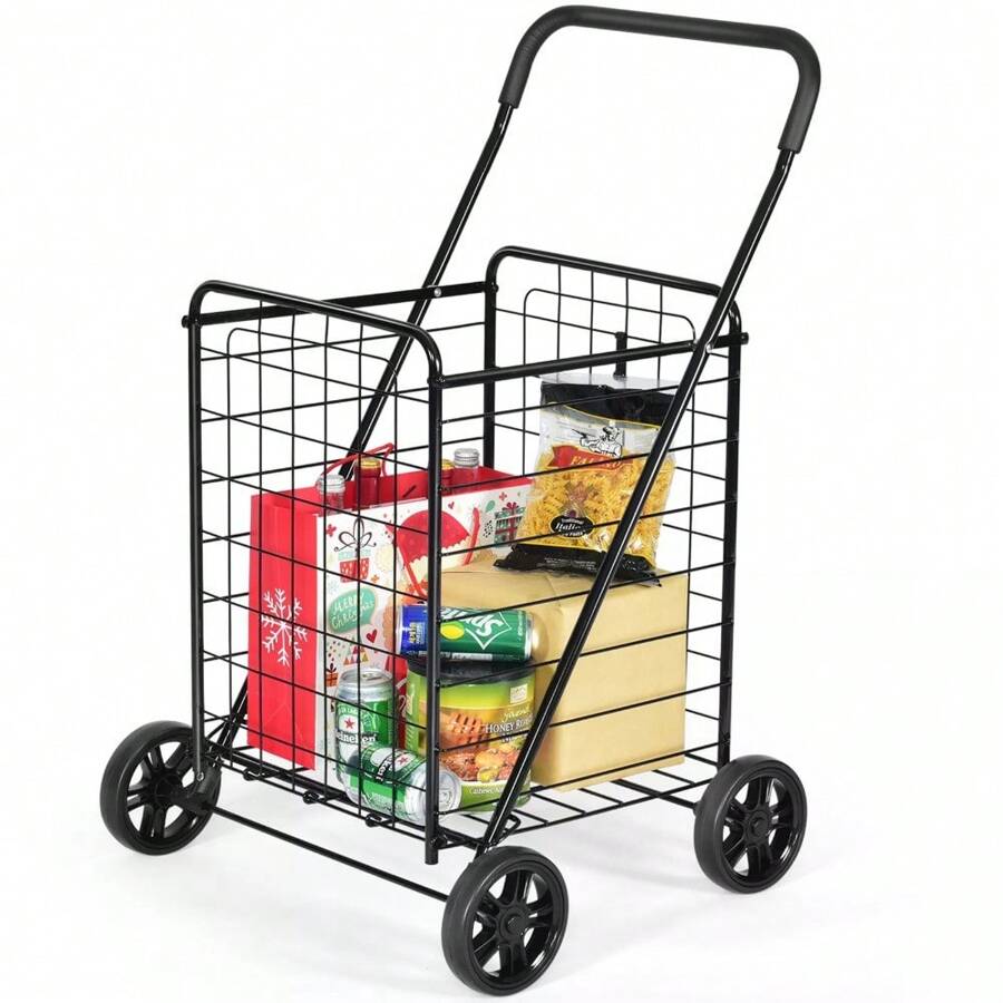 Portable Folding Shopping Cart Utility Trolley For Grocery, Laundry, And Travel - Black Outdoor Decor