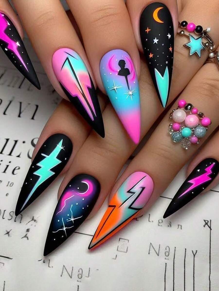 24pcs Elegant Star Sky Colorful Lightning Detachable Press-On Nail Tips Press On Nails