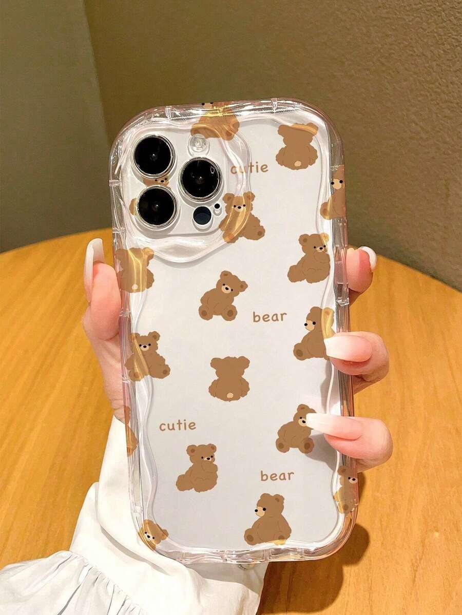 Fashion Cute Cartoon Dense Brown Bear Pattern Tpu Transparent Simple Cream Color Phone Case Anti Shock Soft Anti Drop Phone Case Phone Protection Case IPhone 16 15 14 13 12 11 7/8 X XS XR Plus Pro Max Valentine's Day Gift