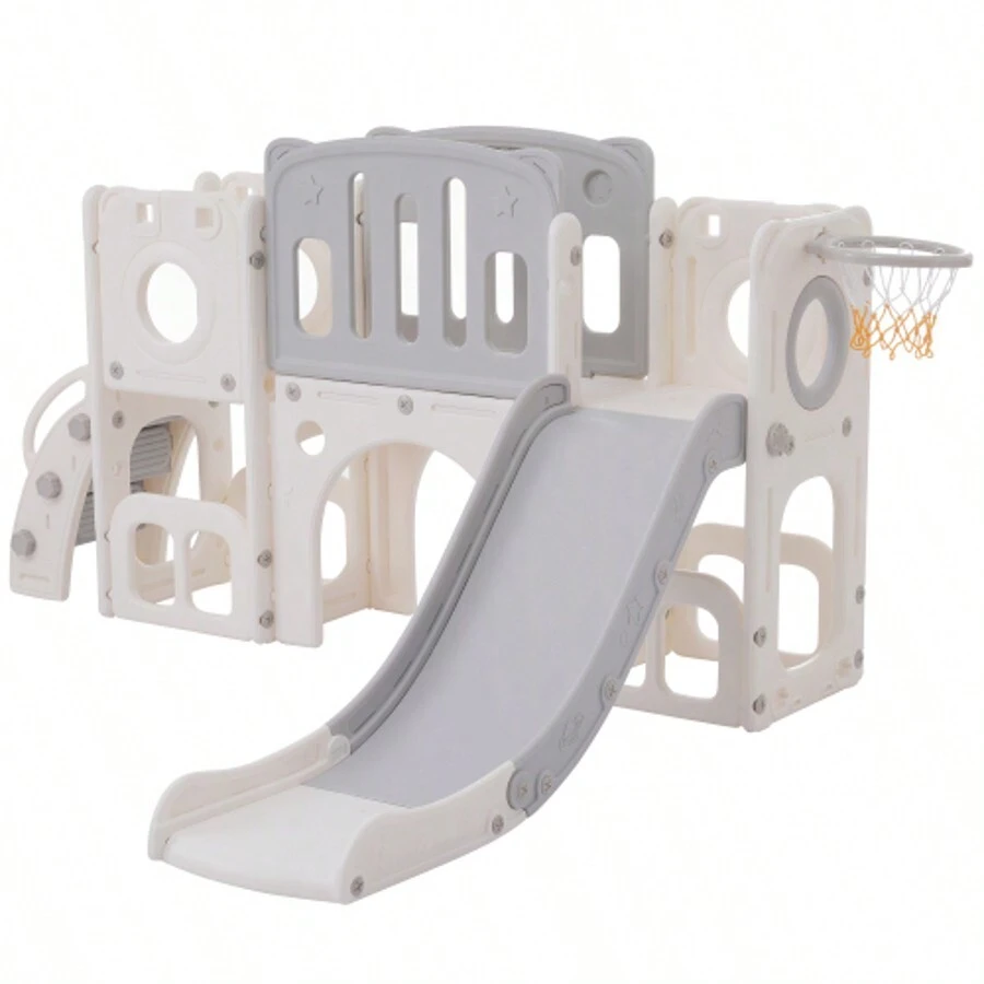 Scivolo 6 in 1 con uno scivolo, due piattaforme, due armadietti da pavimento, canestro da basket e scale - Polietilene ad alta densità (palle oceaniche non incluse)