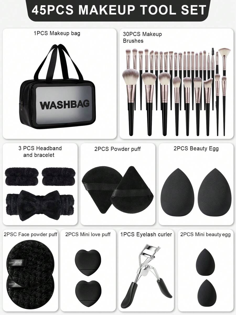 4/14/30/31/45PCS Makeup Tools Set Including:1pc Multi-Functional Zipper Toiletry And Cosmetic Bag Waterproof+30PCS Makeup Brush Set+2PCS Makeup Sponges+2PCS Mini Makeup Sponges+2PCS Triangle Powder Puffs+2PCS Mini Air Cushion Powder Puffs+1pc Hairband+2PCS Hand Bowl Strap+2PCS Facial Cleansing Sponges+1pc Eyelash Curler
