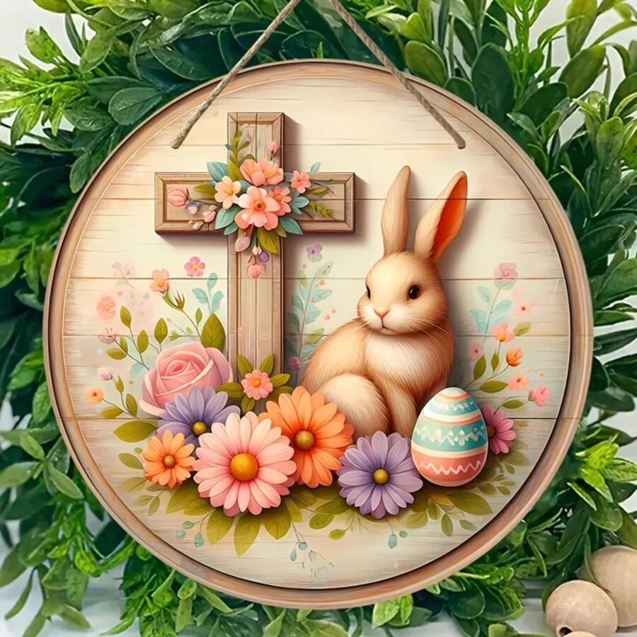 1 pieza Letrero de madera vintage de conejo de Pascua, decoración colgante de pared redonda con acentos de cruz y flores, para el hogar, porche y decoración de habitaciones, regalo multiusos para fiestas, estilo aleatorio