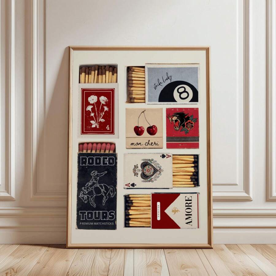 1pc Vintage Matchbox Wall Art Picture Matches Canvas Prints Paintings Retro Matchbook Poster Funky Designs Aesthetic Decor For Bedroom, Living Room, Or Office Apartment Decor Unframed Or Framed