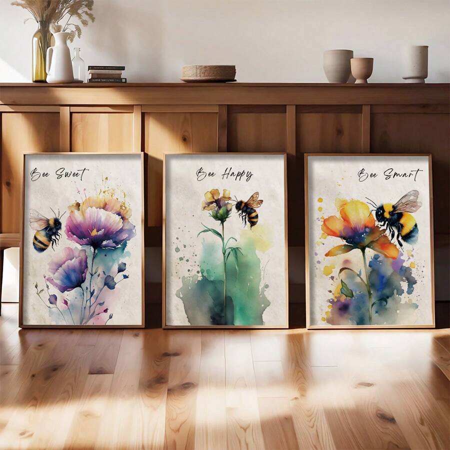 3 Pieces/Set, Watercolor Bee And Flower Canvas Print, Vintage Inspirational Decorative Posters , Botanical And Animals Wall Arts ,High Quality Creative Home Decoration, Creative Ideal Gift, Suitable For Living Room, Dining Room, Office And Bedroom, Unframed Gifts Birthday Graduation