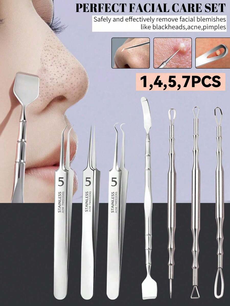 7PCS/Set Acne Blackhead Removal Needles Stainless Steel Black Spot Blemish Pimple Removal Needle Deep Cleansing Tool Face Skin Care Kit