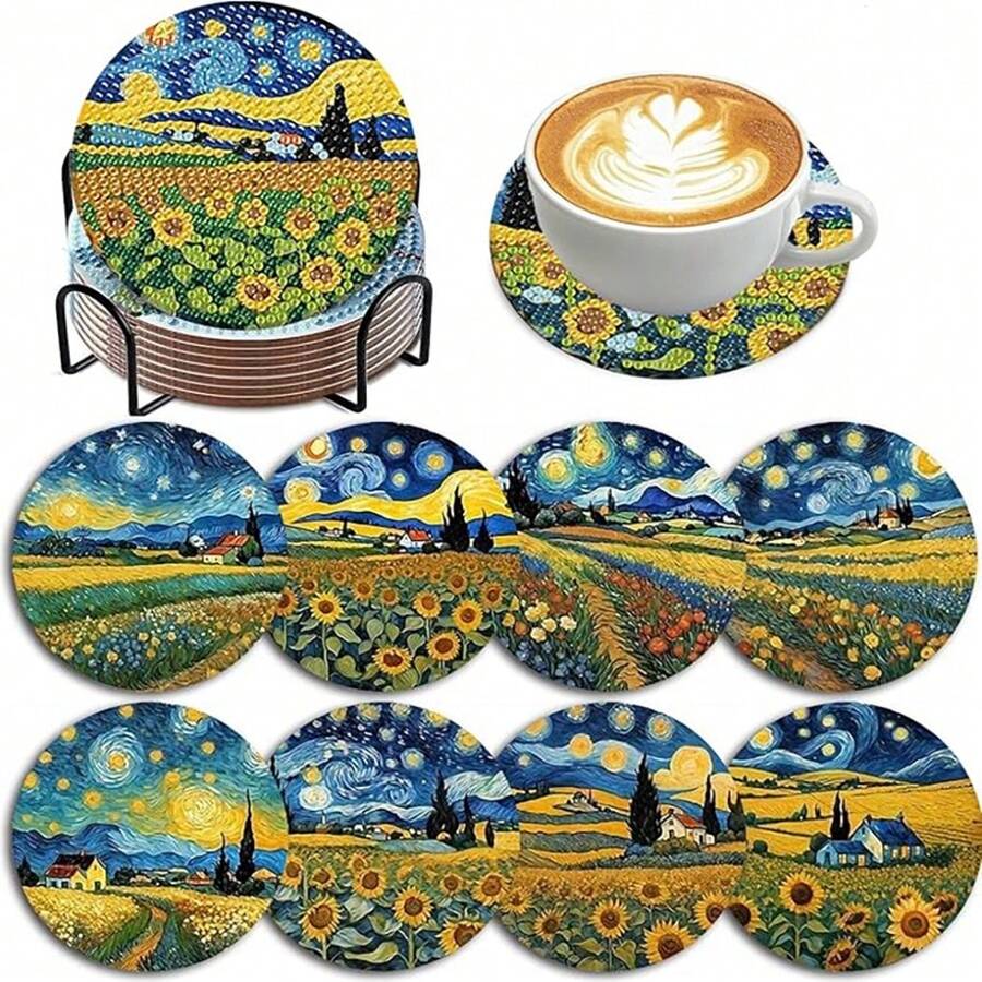 8pcs/Set DIY Diamond Painting Coasters, Sunflower Pattern Drink Coasters With Holder, Non-Slip, Handmade Gift, Mosaic Craft
