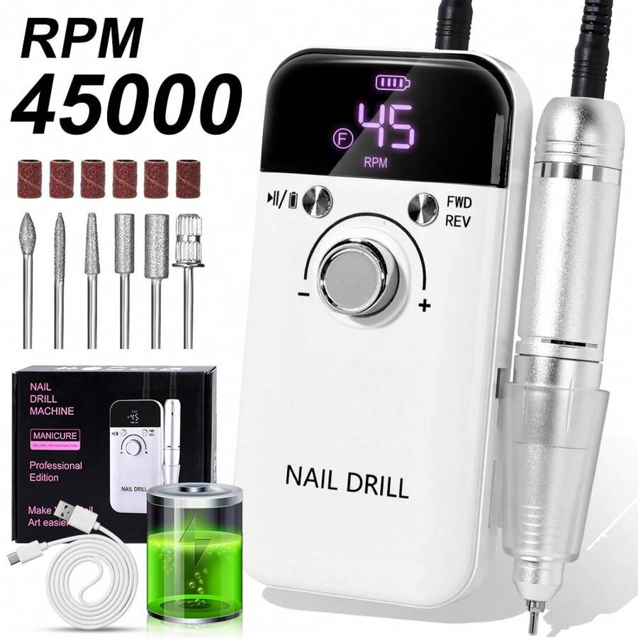 45000RPM Portable Nail Drill Machine, Professional Rechargeable Electric Efile Nail Drill For Acrylic Nails, Manicure/Pedicure, Polishing, Cuticle - Salon Or Home Use, Nail Drill Kits,Perfect New Year Valentine's DayGift For Ladies