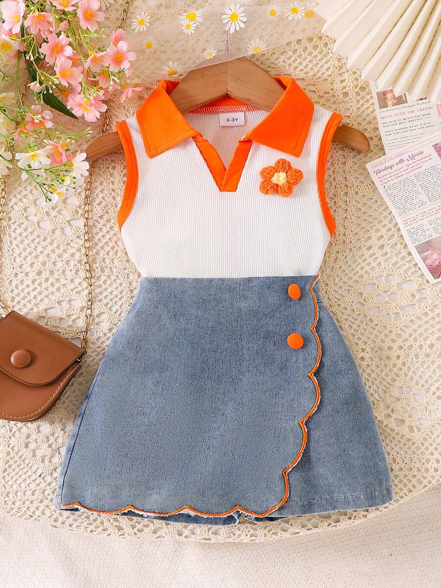 2 pièces Ensemble top polo blocs de couleurs tricoté 3D floral et jupe-short en denim à volants pour jeune fille, été