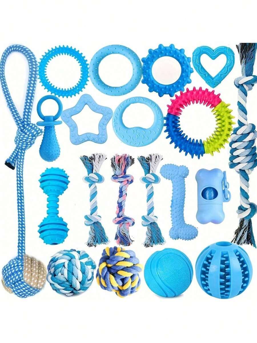 8 Paquetes de Juguetes Masticables para Cachorros - Juguetes de Masticado para Cachorros, Nuevos Juguetes para Cachorros Anillos de Dentición Cuerdas, Paquete de Juguetes de Goma Azul para Perros Pequeños, Pelotas Interactivas Lindas para Perros de Raza Pequeña