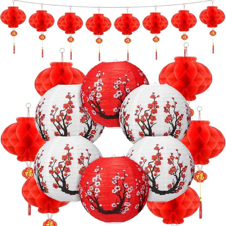 20 Pcs Chinese Japanese Paper Lanterns, Party Decorations, Cherry Blossom Decorative Hanging Lanterns For Chinese New Year, Birthday Parties, Weddings, Japanese Restaurant And So On(Red, White)