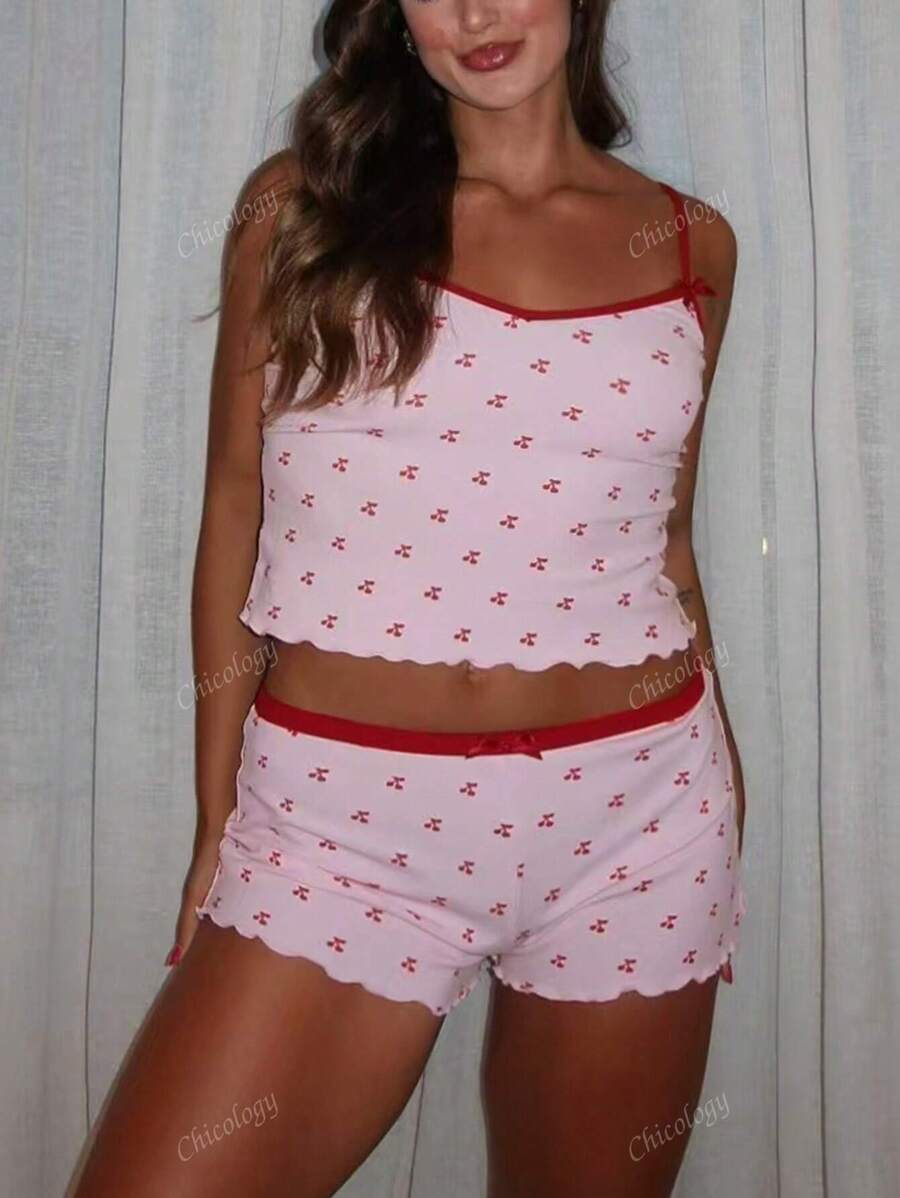 Vrouwen Zomer Kersenprint Strik Crop Cami En Shorts Tweedelige Set Bodycon Sexy Y2K Matching Outfits Club Co Ords Set Plus Size