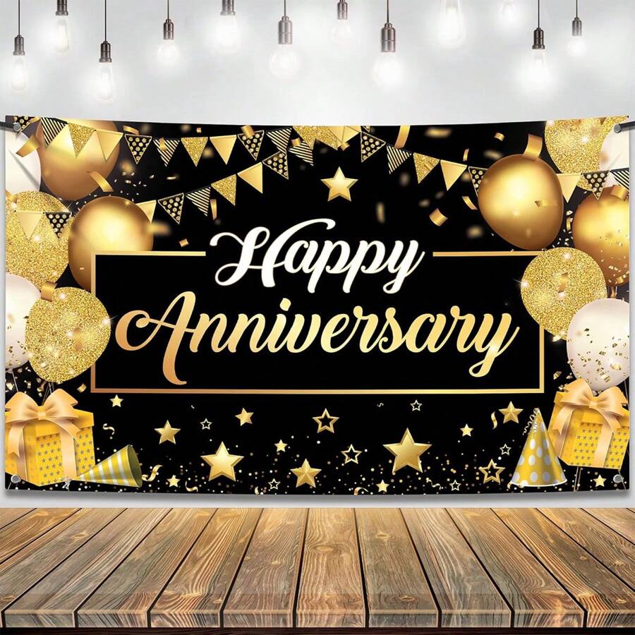 Striscione 'Buon Anniversario' in nero e oro | Decorazioni per feste di anniversario, sfondo 'Buon Anniversario' | Logo per anniversario, decorazioni per anniversario di matrimonio