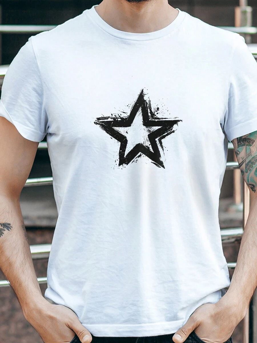Star Graffiti Printed T-Shirt, Comfortable And Versatile Top, Ideal For Summer Outdoor Activities Or Casual Wear