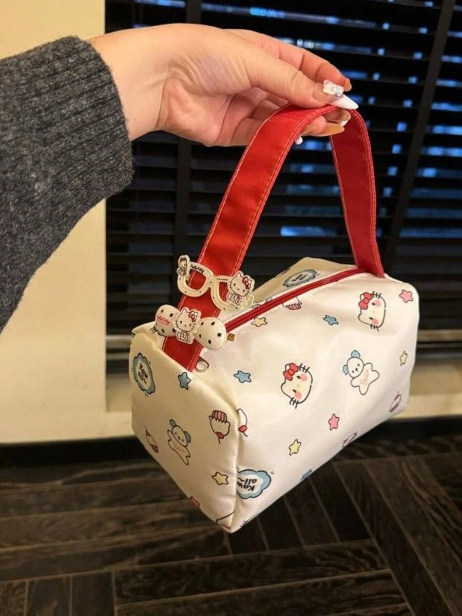 Sanrio 1 pieza Bolso de mano con diseño de dibujos animados y burbujas, estuche portátil de gran capacidad para lápices/bolsa de aseo, bolso de tote práctico