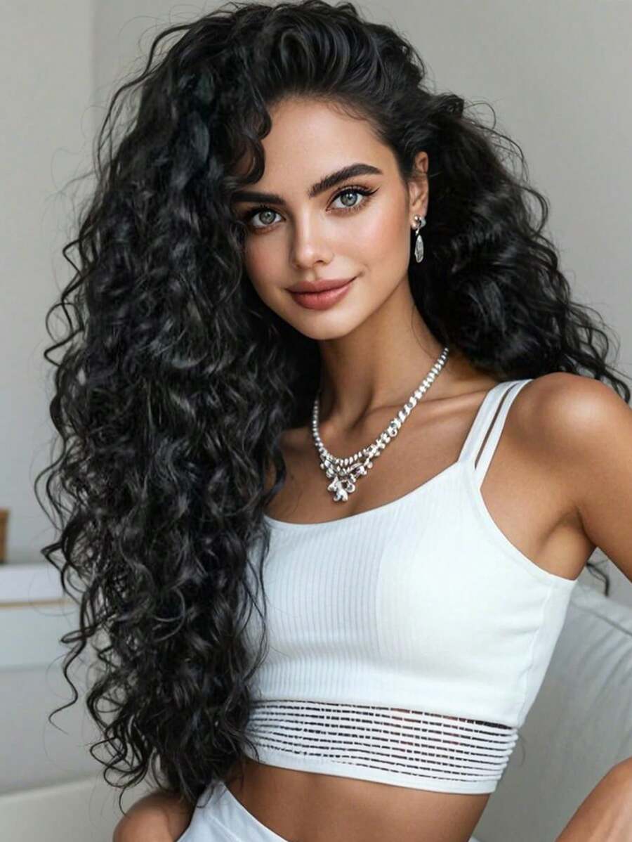 NOBLE Perruque synthétique à dentelle frontale frisée et bouclée 13x4x1 avec partie en T noire de 26 pouces, avec cheveux bébé. Perruque à dentelle frontale synthétique pour femmes, pour le cosplay et l'utilisation quotidienne, résistante à la chaleur.
