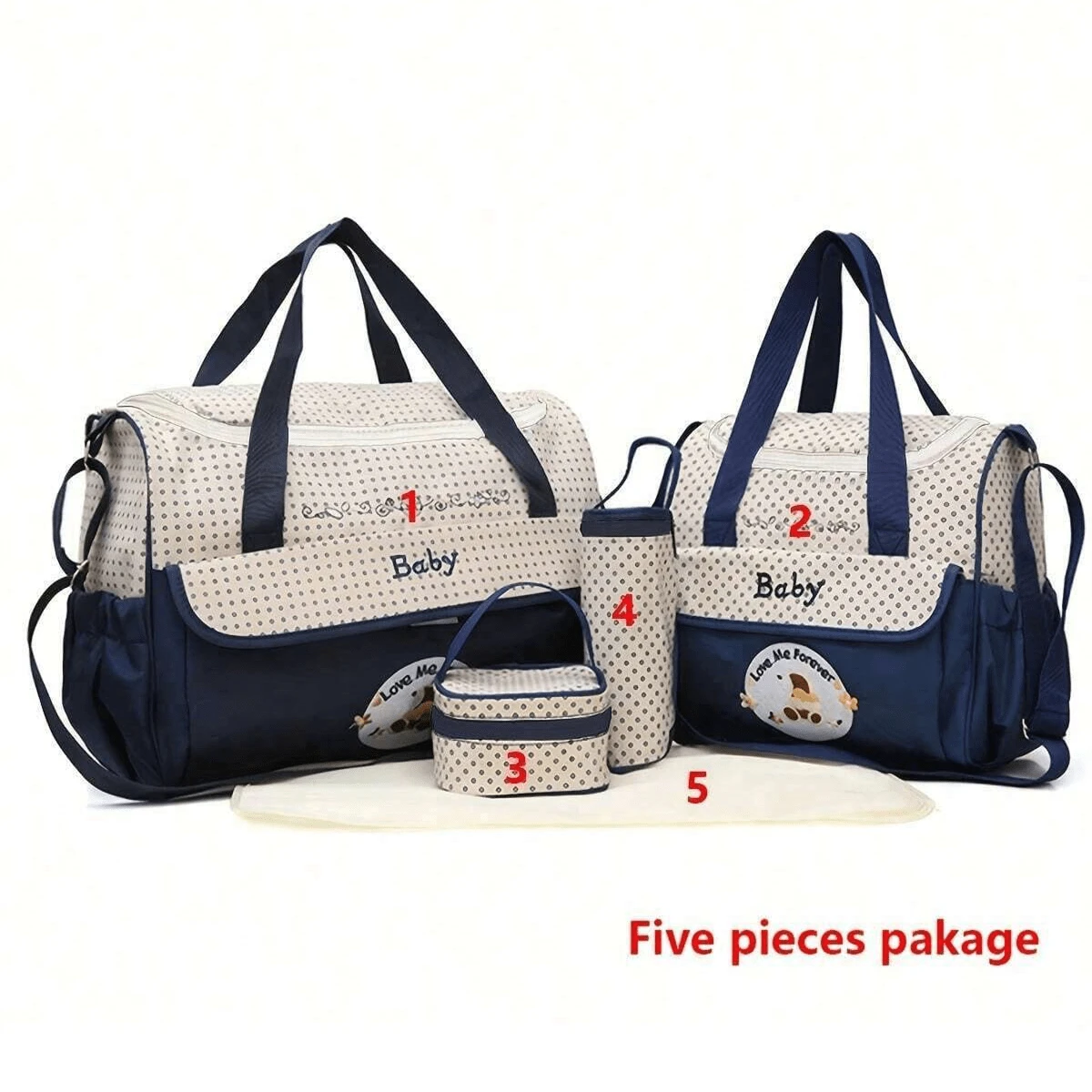 Set di 5 borse da mamma ricamate con motivo orsetto alla moda, in grado di contenere molto, borsa a tracolla multifunzione per mamma e bambino, borsa fasciatoio
