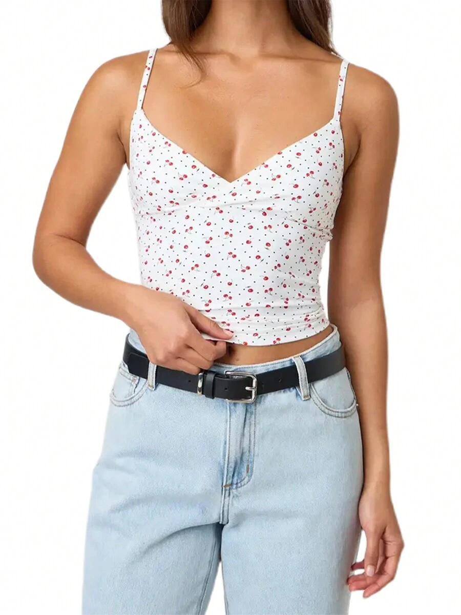 Women's Cropped Cami Tops Spaghetti Strap Sleeveless Open Back V Neck Solid Color Slim Fit Tank Tops Fashion T-Shirt