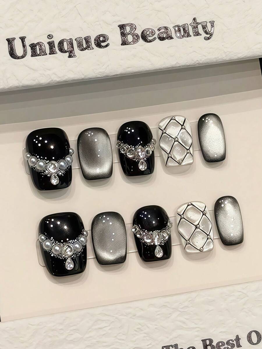 10pcs Black Glitter Cat Eye Rhinestone Pearl Diamond Handmade Acrylic Press On Nails Short Coffin Fake Nails, Simple French Nail Tips, DIY Nail Art Supplies, Reusable, Jelly Glue And Nail File