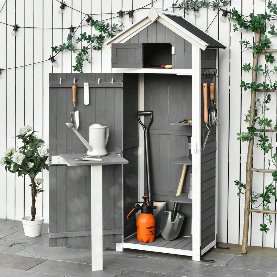 Outsunny Outsunny Gartenschrank Holz Gerätehaus mit Tür Dach Geräteschuppen mit Hacken Gartenlagerschrank faltbarer Tisch Outdoor Grau 78 x 52,5 x 182 cm