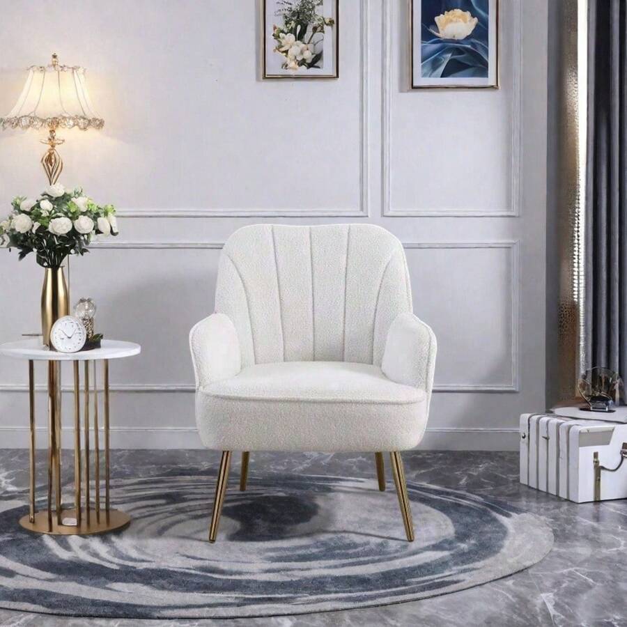 Modern Soft White Teddy Fabric Accent Chair With Stylish Gold Legs, Adjustable Feet, Ergonomic Design For Maximum Comfort, Durable Foam And Velvet Upholstery, Easy 10-Minute Assembly, Perfect For Living Room, Bedroom, Office, Ideal For Holiday And Christmas Décor, DreamDecor, Victory Store