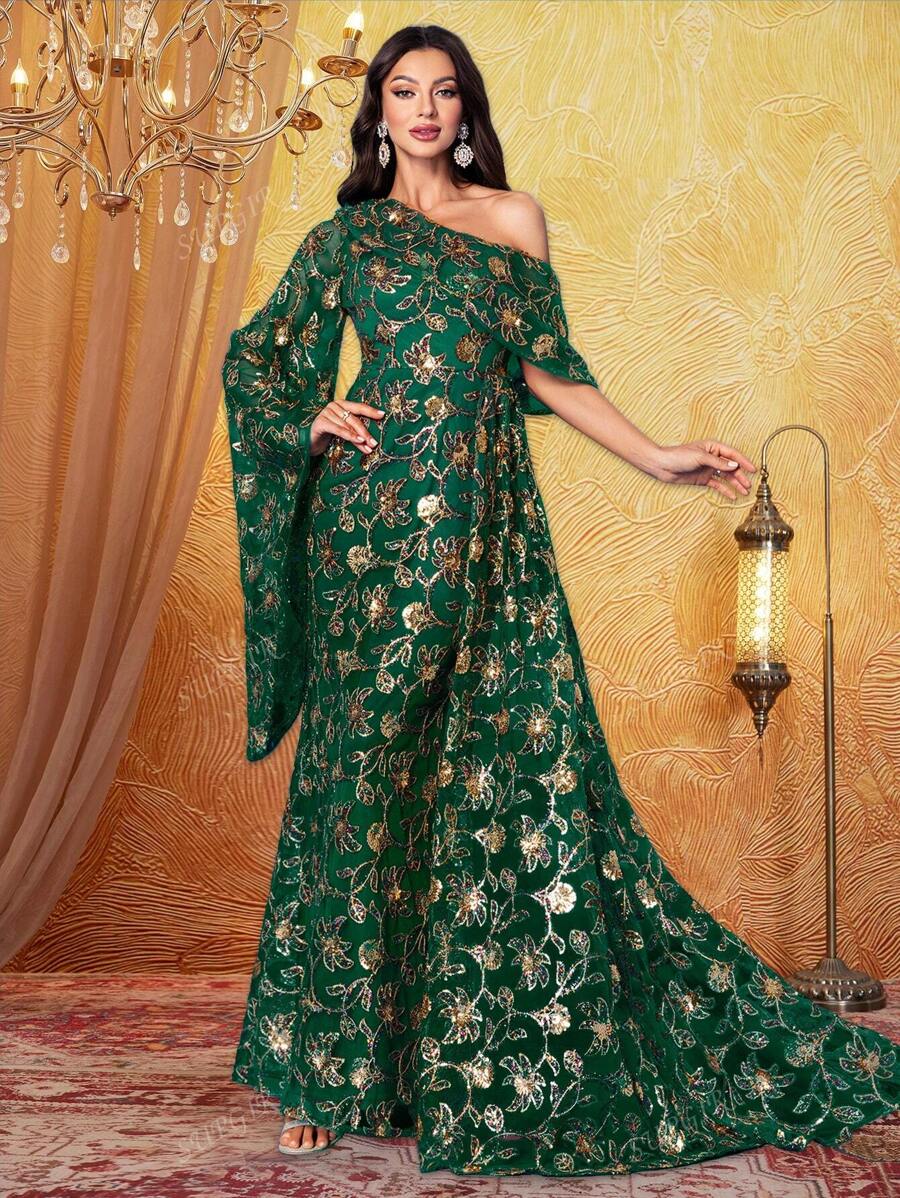 SUPGIR Heavy Beaded Floral Embroidered Asymmetrical Neck Bell Sleeve Ruffled Design Elegant Luxury Evening Gown Dress, Long Sleeve Formal Prom Dress, For Wedding Guest, Graduation, Dinner