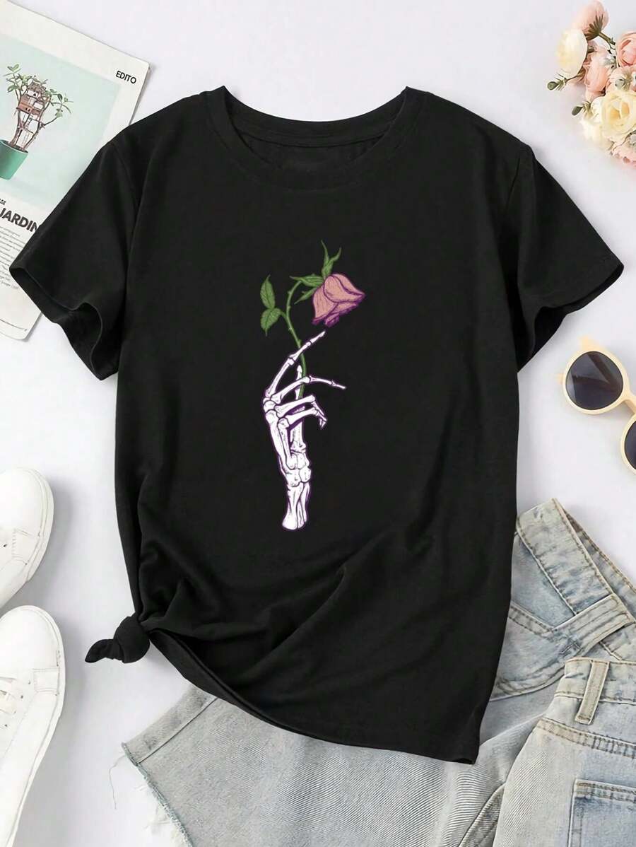 The Dead Rose Skeleton Hand - A Gothic Illustration Of Life And Death With Pink Petals And Green Leaves On A Lavender Background For Women's Women's T-Women Shirt
