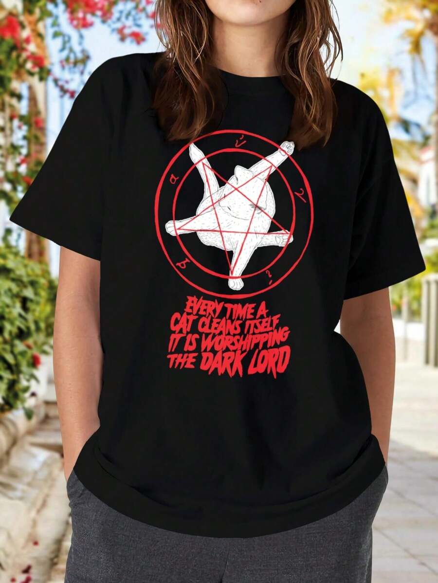 Every Time A Cat Cleans Itself It Is Worshipping The Dark Lord - A Quirky Funny Design Featuring Cats Irony Humor And A Pentagram For Women's Women T-Women's Shirt