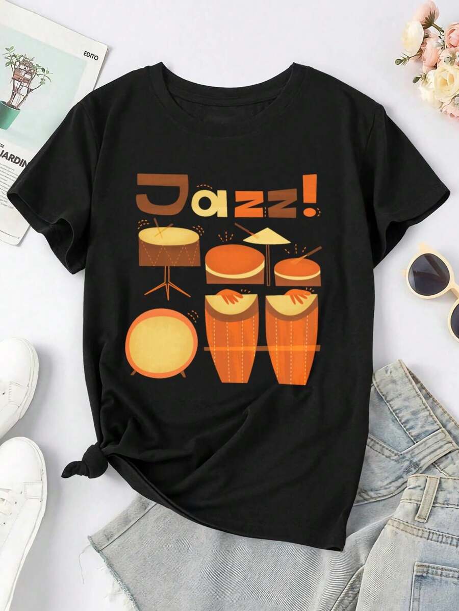 Retro Jazz Drums And Funky Percussion In Brown Yellow Red - Modern Mid-Century Illustration Of Congas Drums Instruments Jazz Music And Vintage 192 For Women's Women T-Women's Shirt