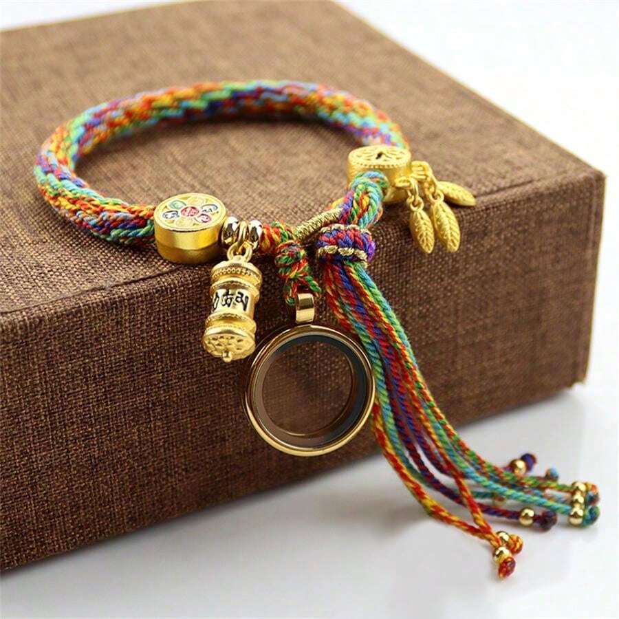 1 Peça pulseira de estilo trançado feita à mão com relicário de foto em aço inoxidável e vidro, adequada para uso diário