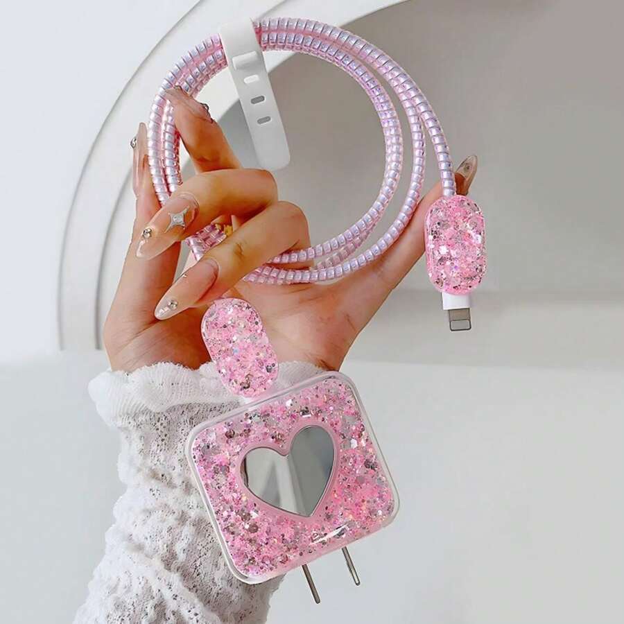 5pcs/Set Heart Glitter Design TPU Phone Charger Protective Case Suitable For 18/20W Apple 16/15/14/13/12 Charger, Soft Cover Anti-Scratch, Anti-Break Cable Protector, Charger Protector