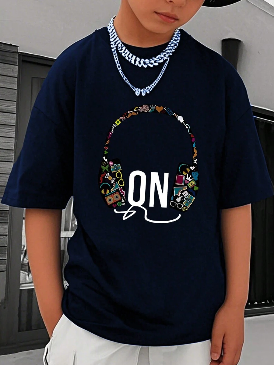 2025 New Summer Casual Headphones Graphic White Crew Neck Short Sleeve T-Shirt, 1pc Tween Boys Top