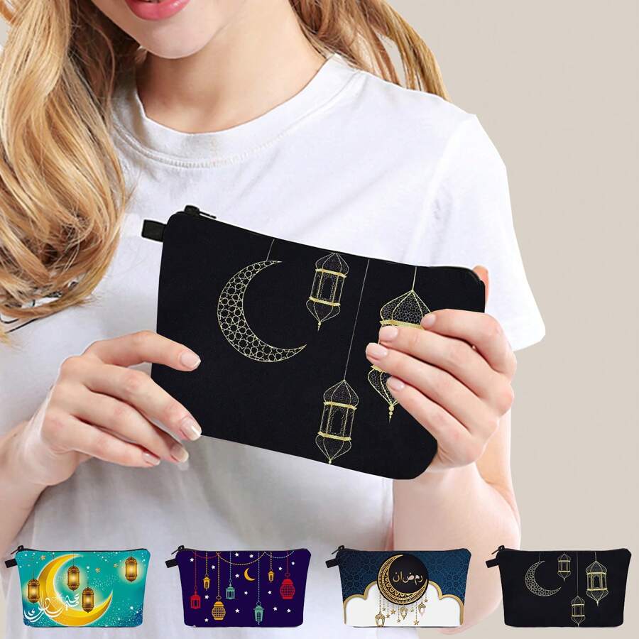 1pc Bolsa de maquiagem impressa Eid Mubarak do Oriente Médio, material macio com abertura com zíper, organizador de cosméticos de viagem portátil, presente de festival para mulheres e meninas