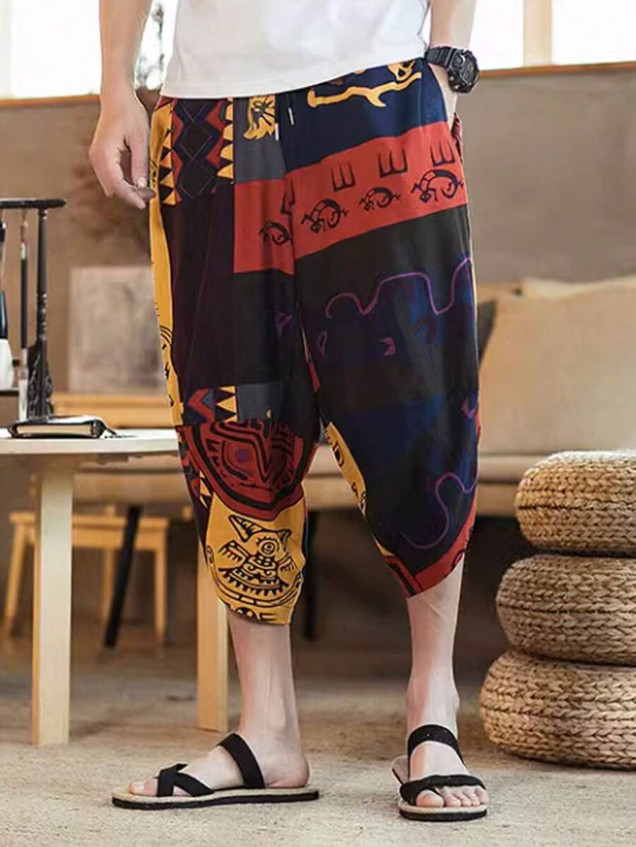 Men Baggy Retro Printed Capri Pants Breathable Below Knee Shorts Wide Leg Casual Summer Shorts