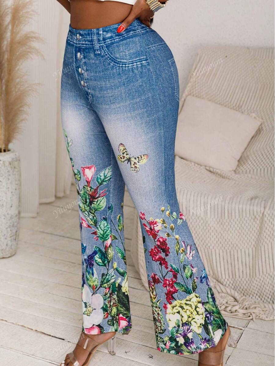 Women's Flared Denim Effect Floral Print High Stretch Pants, Fashionable & Casual