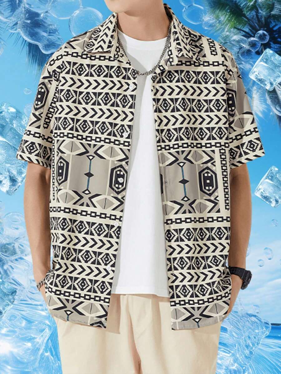 1pc Men's Geometric Print Patchwork Short Sleeve Casual Shirt, Button Down, Boyfriend Style, Suitable For Beach, Travel, Daily Wear, Turn-Down Collar