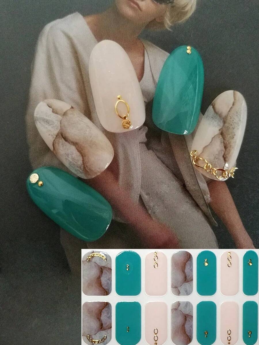Nuevos adhesivos para uñas con diseño de imitación de mármol verde, adhesivos de arte de uñas con efecto tie-dye